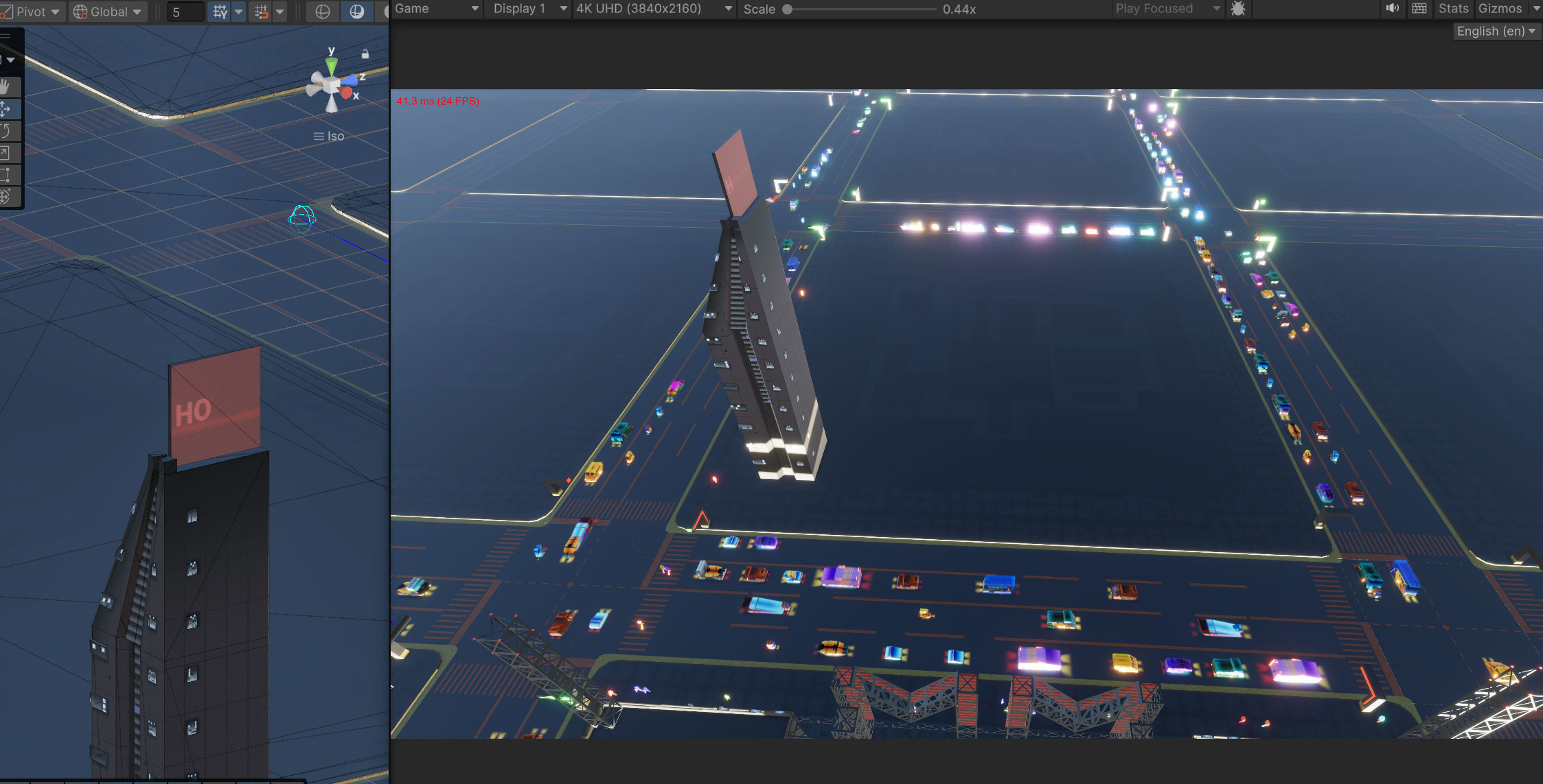 Escena de la ciudad del videojuego Moon Monoliths en desarrollo